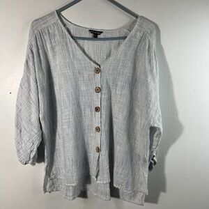 Unique Spectrum Blue White Striped Button Front Blouse 3/4 Puff Sleeve Large
